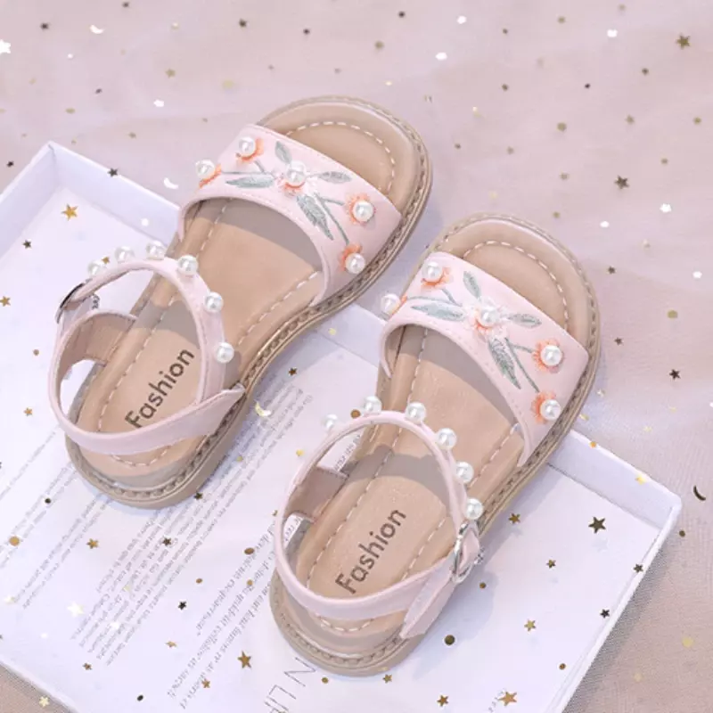 Sandalias con perlas bordadas para niñas, zapatos planos versátiles, elegantes, a la moda, de princesa, Verano