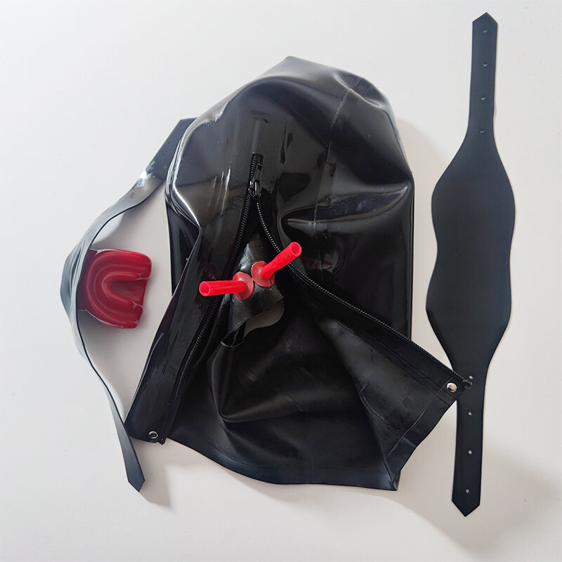 2024 New Customize Exotic Latex Rubber Hoods with Nose Tube Mouth Teeth Gag Plug Eyeshade Open Eyes and Mouth Cover Mask Zip