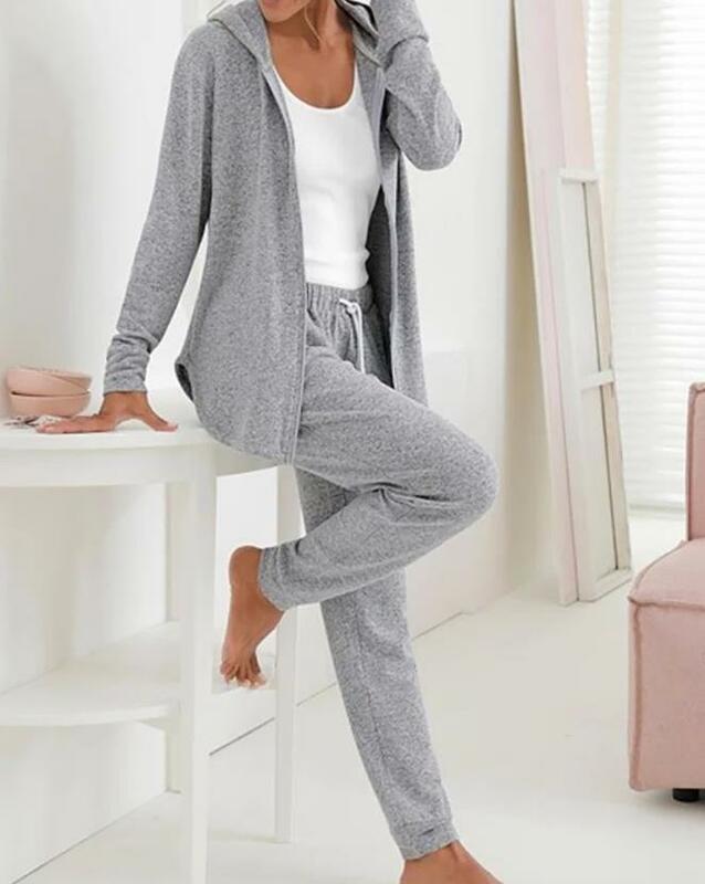 Conjunto de calças skinny de manga comprida com capuz e cordão para mulheres, roupa casual, moda feminina, outono, novo, 2 peças, 2023