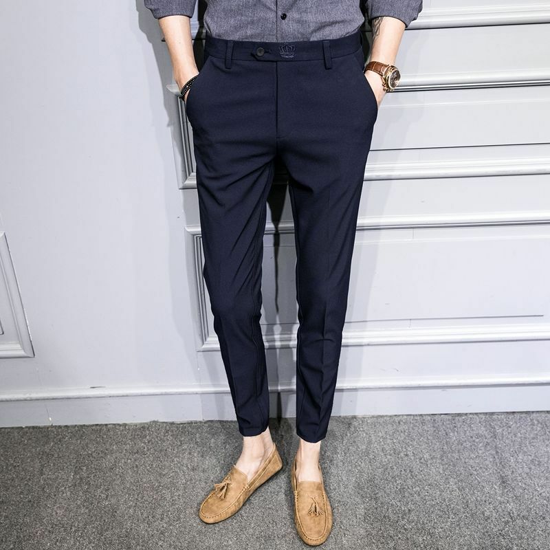 Spring Thin Korean Trendy Slim Pencil Pants Men's Printed Plaid Patchwork Button Pocket Smart Casual Versatile Straight Trousers