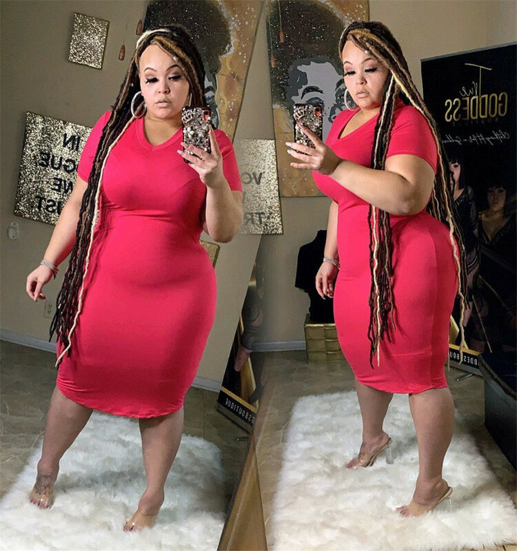 Wmstar Plus Size Dresses for Women Summer Solid V Neck Bodycon Stretch Casual Sweet Elegant Midi Dress Wholesale Dropshipping