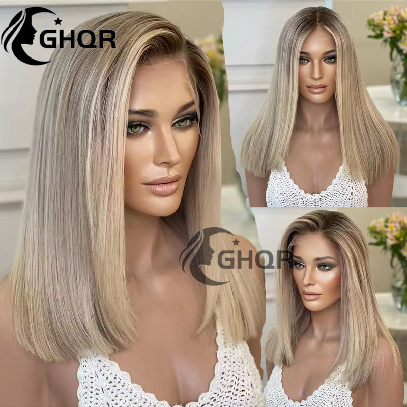 Highlight human hair Bob Wigs Glueless Ash Blonde 13x4 Lace Front Wig Straight Human Hair Wig Transparent Swiss Lace Ombre Color