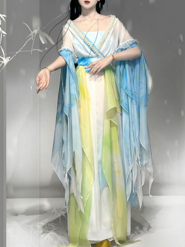 W chińskim stylu Hanfu sukienka damska tradycyjna Vintage Hanfu przebranie na karnawał gradientowa niebieska sukienka Hanfu sukienka na przyjęcie urodzinowe Plus Size