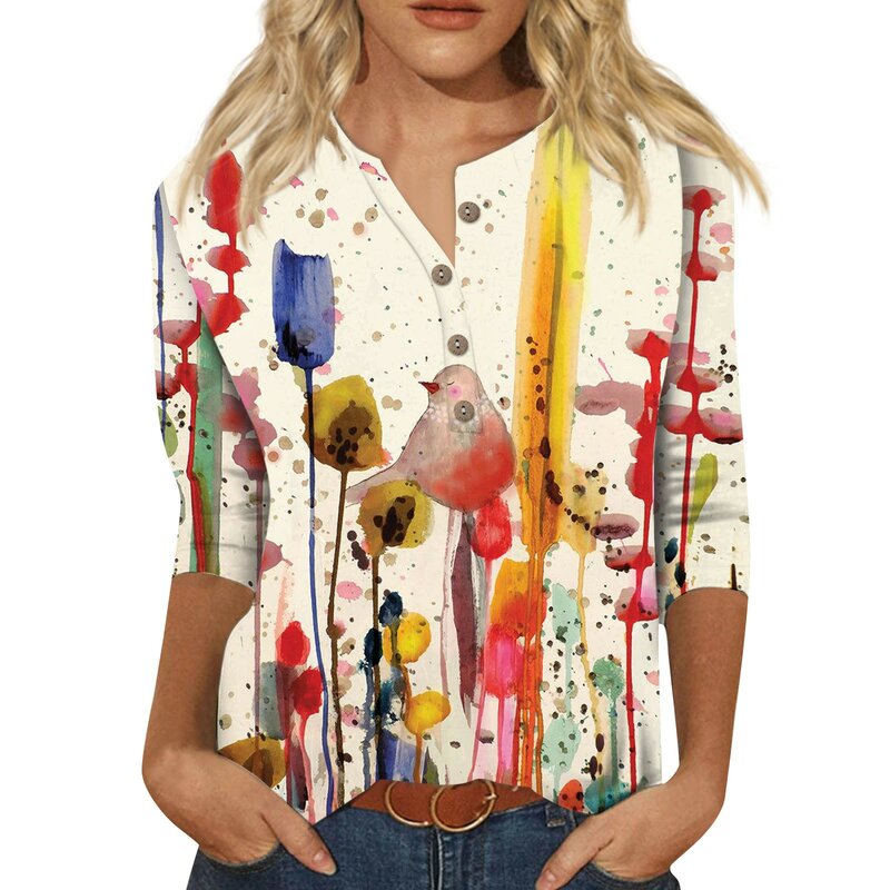 Camisetas informales con cuello en V y botones para Mujer, 3/4 Camiseta con estampado De mangas Retro, Top ajustado, Ropa para Mujer
