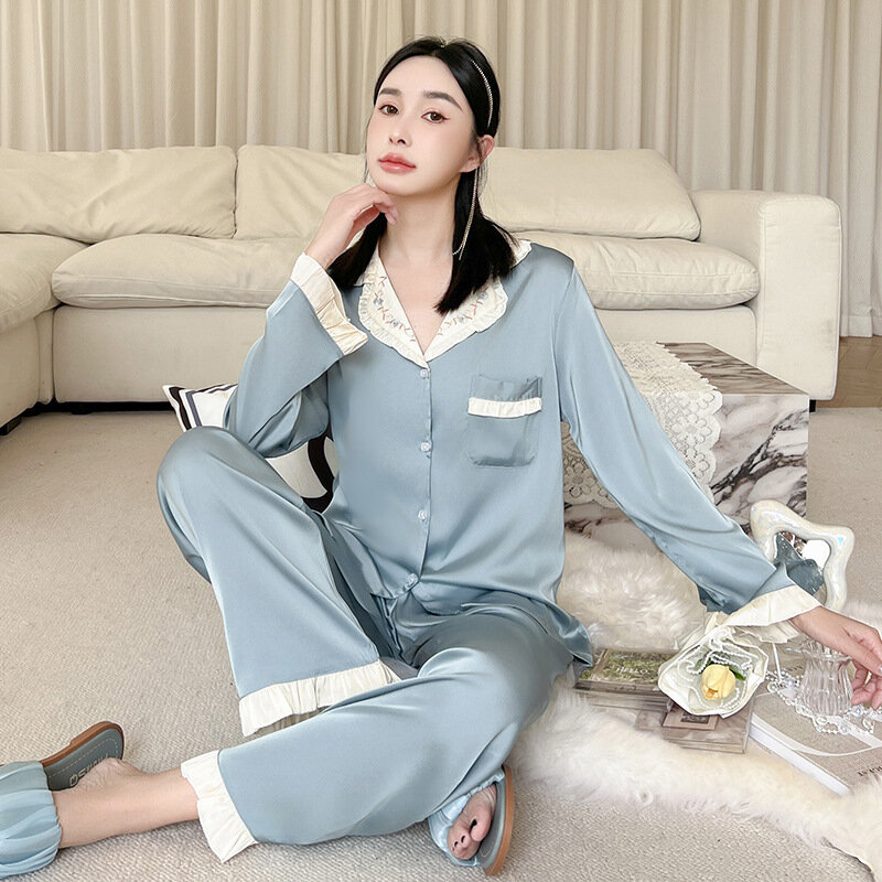 Conjunto de pijama de seda feminino, manga longa, cardigã de lapela, renda sexy, loungewear simples, pijama jovem, verão