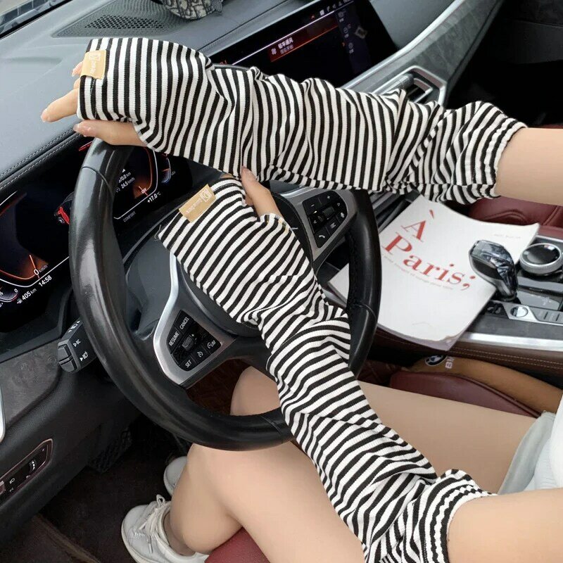 Summer Tricolor Stripe Ice Silk Arm Sleeve Sunscreen Outdoor Anti Ultraviolet Beach Sun Protect Breathable Thin Gloves For Women