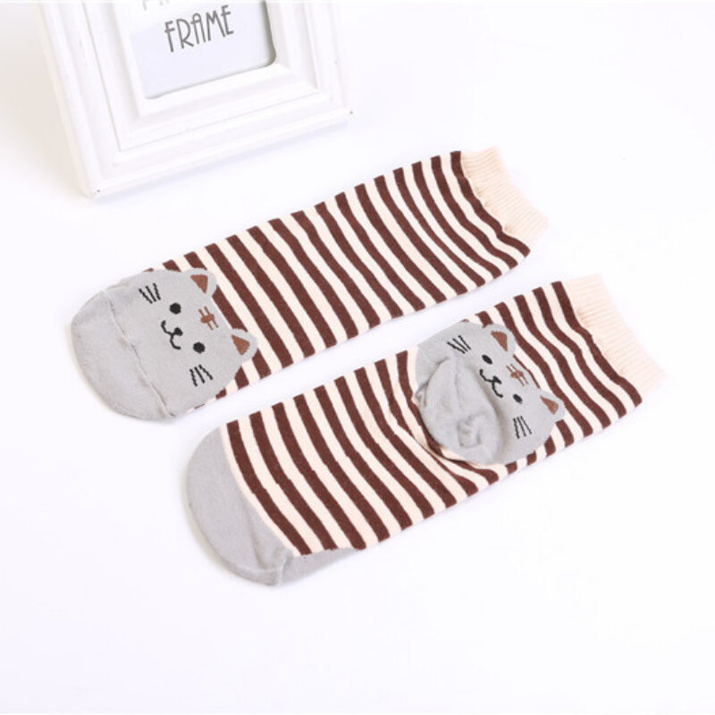 Pure Cotton Medium Length Socks Adult Striped Cute Cat Female Socks, Female Cartoon Medium Length Female Socks,