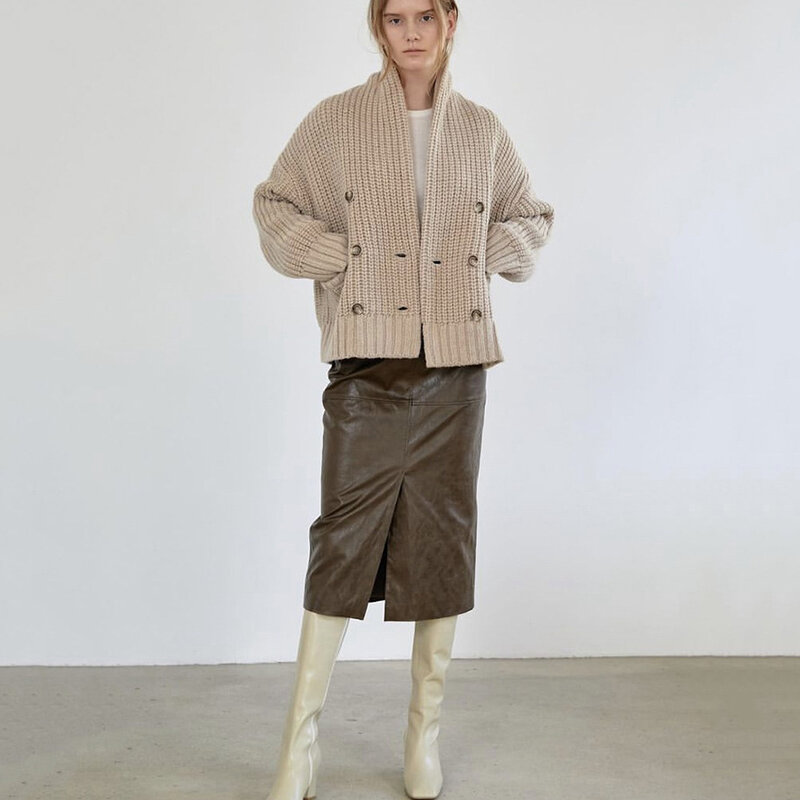 Veste pull à double boutonnage pour femme, 100% laine, automne et hiver, silhouette ample, épaule tombante, design épaissi, 107
