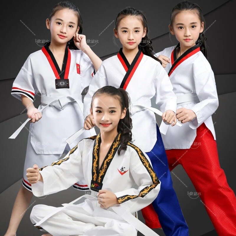Anak-anak dewasa lengan panjang katun lengan pendek pria dan wanita musim semi musim panas Taekwondo Seragam pakaian latihan bela diri