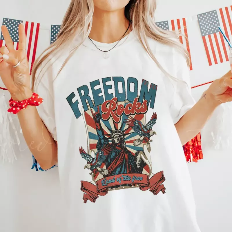 America 4 luglio modello stampato t-shirt retrò alla moda abbigliamento a maniche corte t-shirt stampata stile Casual da donna nuova.