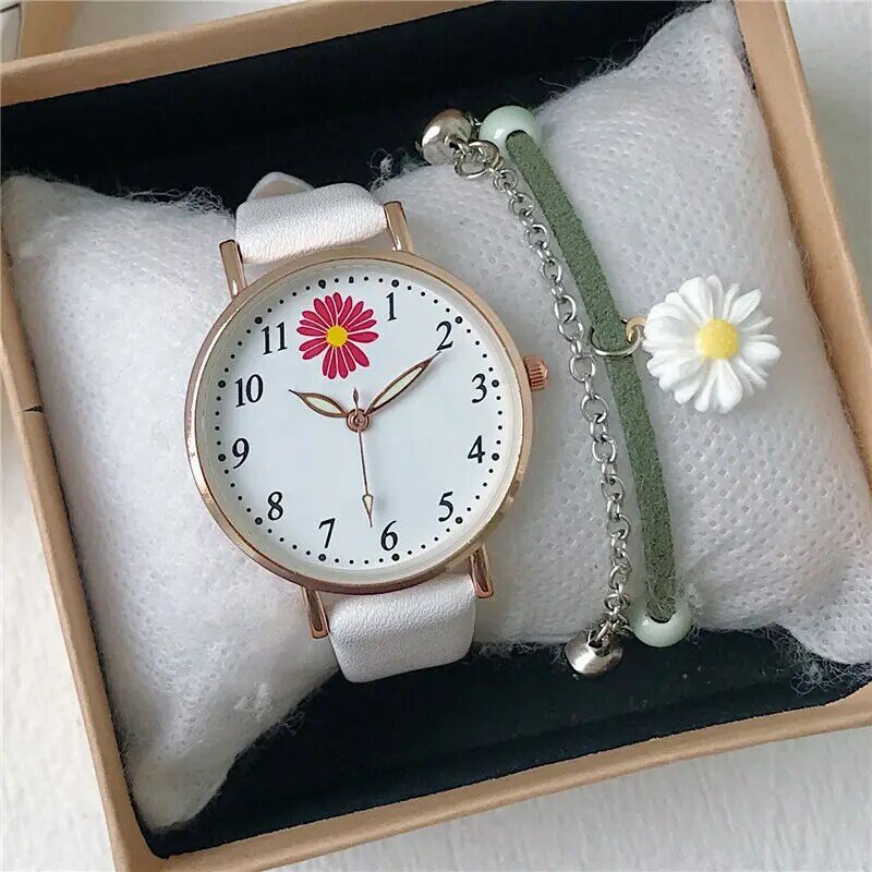 Relógio de quartzo simples com pulseira para meninas, estilo harajuku, margarida, couro, verde, rosa, presente para crianças