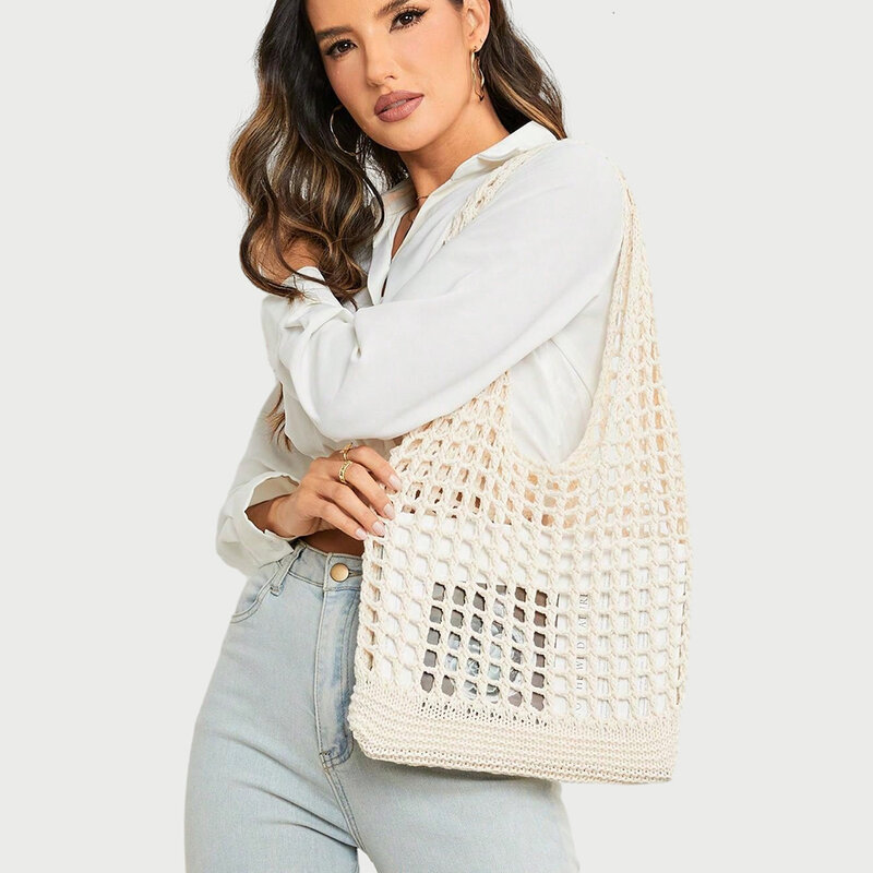 Bolso de hombro de malla de ganchillo hueco para mujer, bolsos de playa de punto bohemio, bolso de mano tejido de hilo de lana, red de pesca, bolso de compras