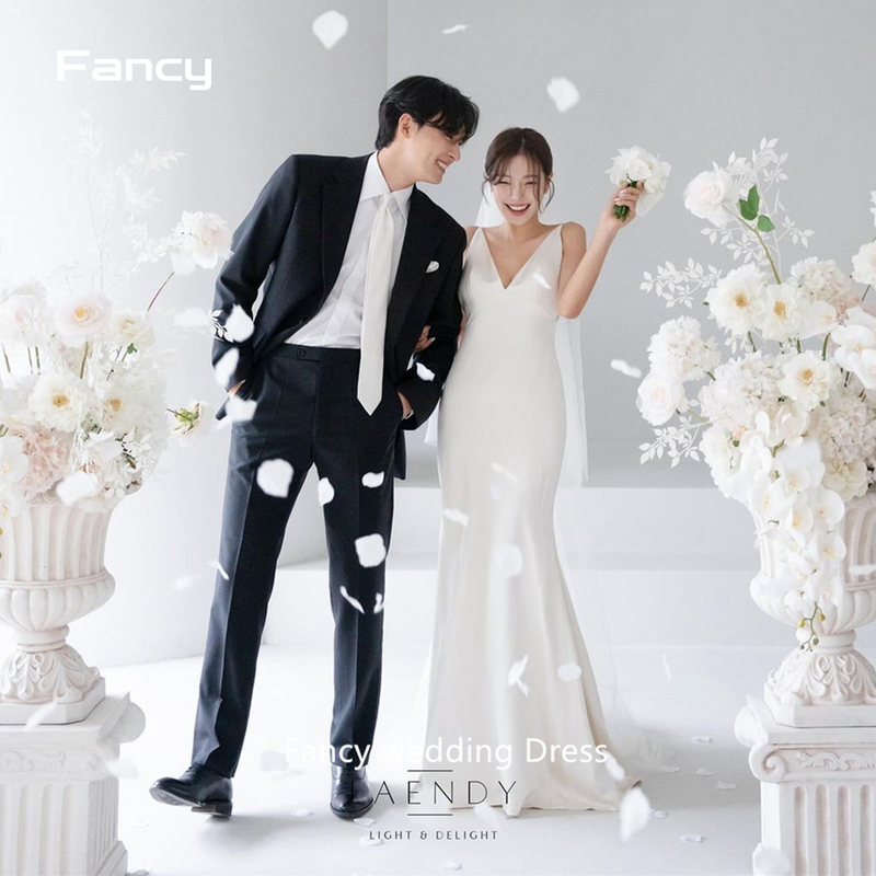 Fantasia cetim de seda coreano vestido nupcial, V-Neck, sem mangas, até o chão, vestido de casamento, jardim, fotografia