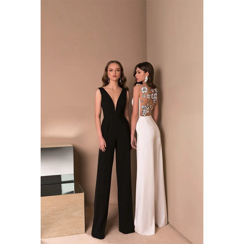 Elegant A Line Evening Prom Pant Suits V Neck Sleeveless Spaghetti Applique Party Dress Floor Length robes de soirée