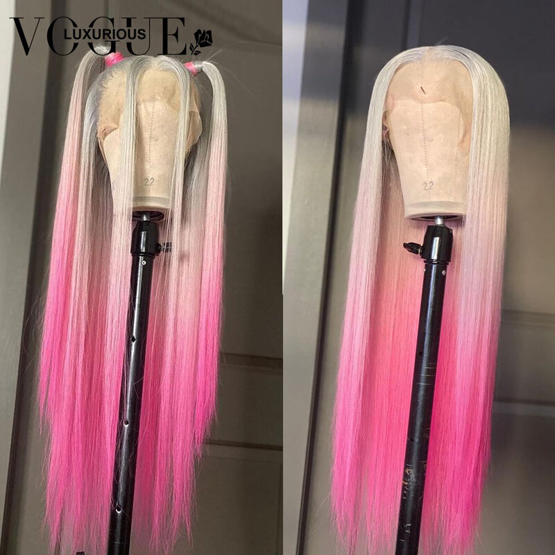 Pelucas de cabello humano liso sin pegamento, pelo Remy brasileño, platino, HD, línea de pelo Natural, color rosa degradado