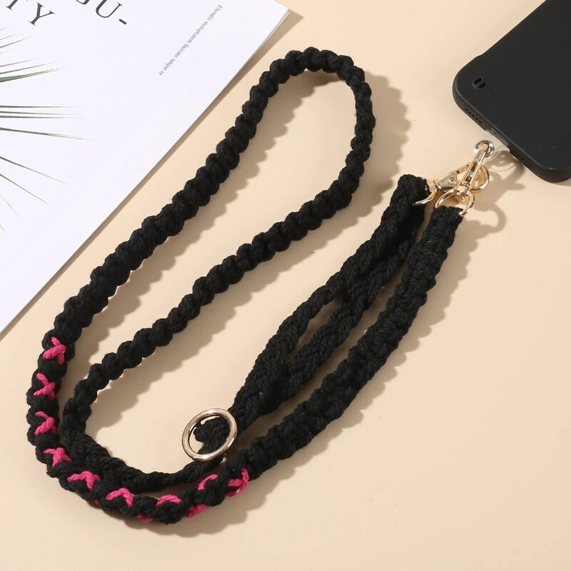 Fashion Black Woven Cotton Rope Mobile Phone Chain Anti-Drop Long Style Hang Neck Phone Lanyard For Women Cellphone Jewelry