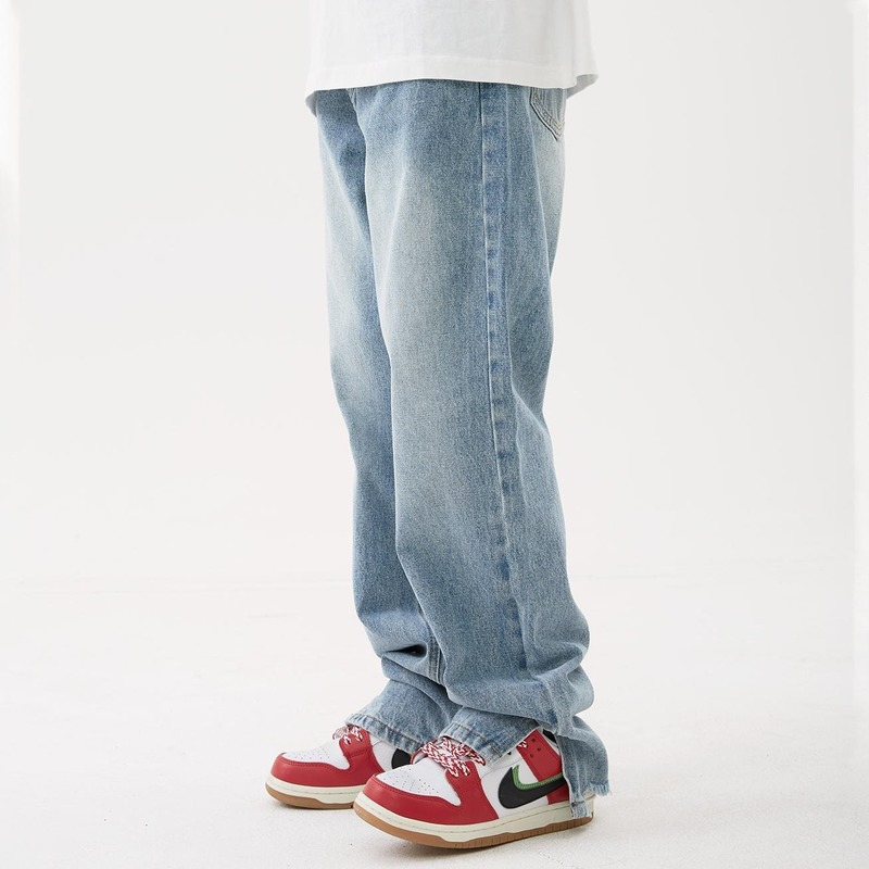 2022 neue Amerikanischen Slit Jeans Frühling Licht Blau Casual männer Hosen Street Style Fallen Gefühl Boden Ziehen Gerade Jeans