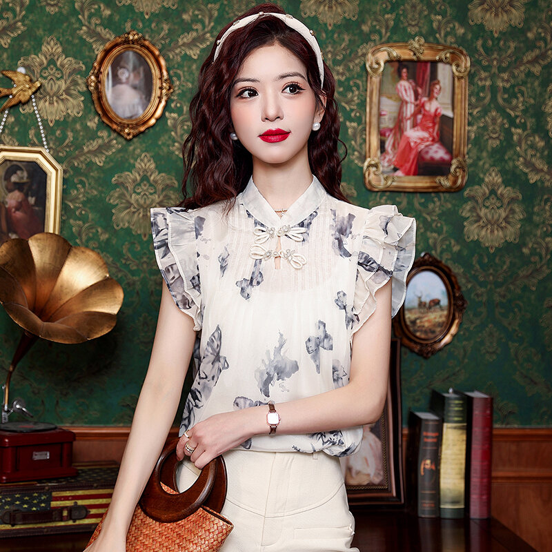 Miiiix neue chinesische Tinte Malerei Chiffon Shirt Frauen Sommer chinesischen Stil Pan Button fliegende Ärmel Top weibliche Kleidung