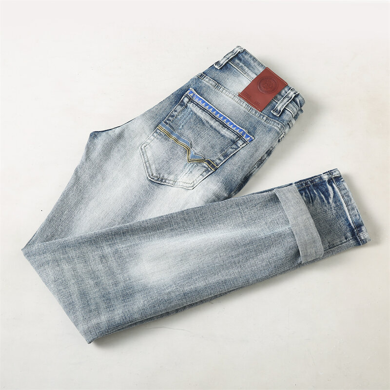 Pantalones vaqueros rasgados elásticos lavados para Hombre, moda de diseñador italiano, Retro, gris, azul, liso, Vintage