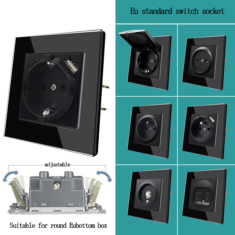 유럽 표준 강화 유리 블랙 프랑스 독일 16A 스위치, C타입 소켓 1/2 갱 스위치, USB 충전 포트 패널 라운드 박스 포함