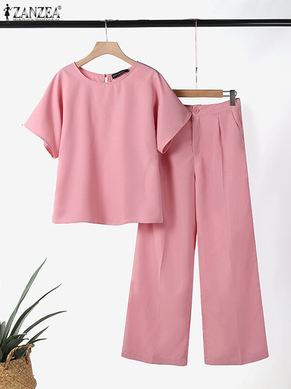 ZANZEA-Ensemble 2 pièces pantalon et blouse assortis pour femme, tenue vintage, couleur unie, manches courtes, style décontracté, été 2024