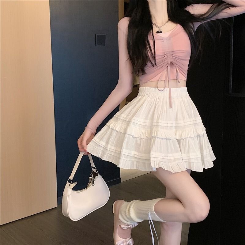 Deeptown Lolita plisowana, pomarszczona krótka spódniczka kobiet na co dzień biała krótka spódniczka Cutecore koreański styl słodka dziewczyna czarna warstwowa spódnica
