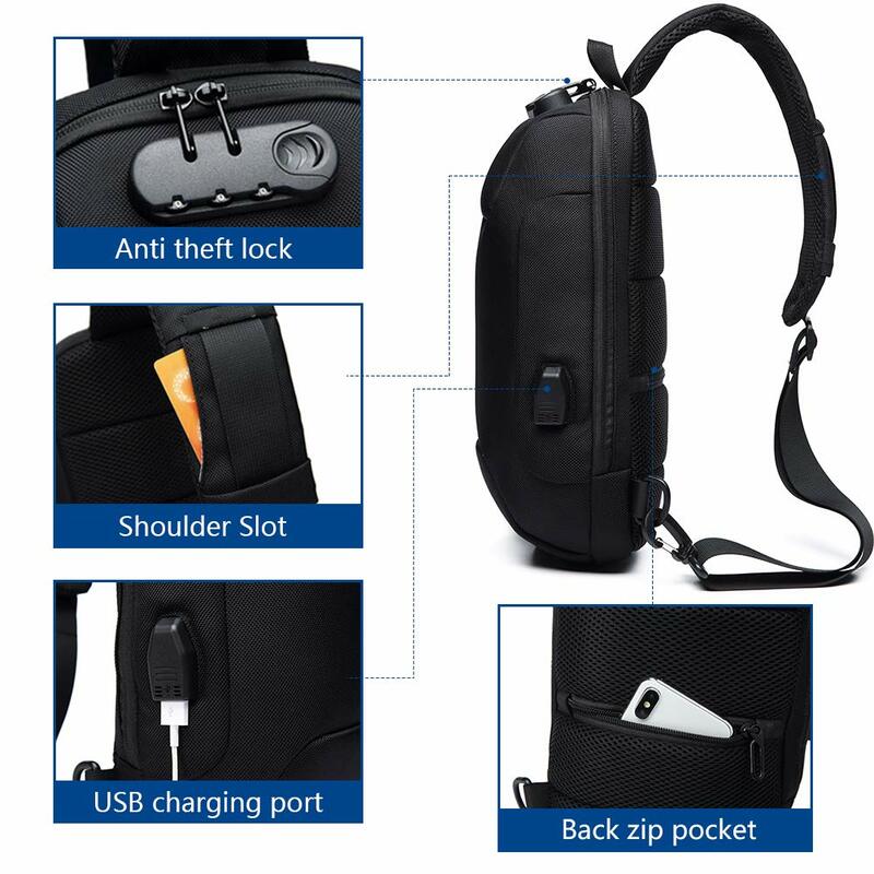 Sac à bandoulière antivol avec port de chargement USB, sac à dos à bandoulière initié, sac de poitrine étanche, sac à dos décontracté léger