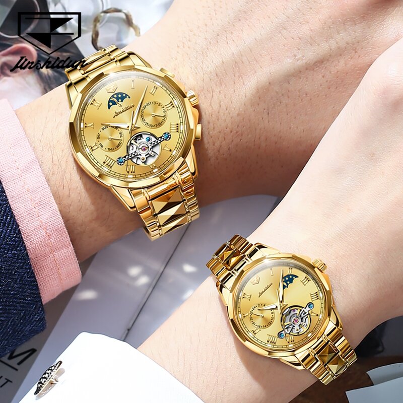 JSDUN jam tangan pasangan bermerek mewah jam tangan mekanis otomatis strip baja Tungsten hadiah multifungsi jam tangan pria dan wanita