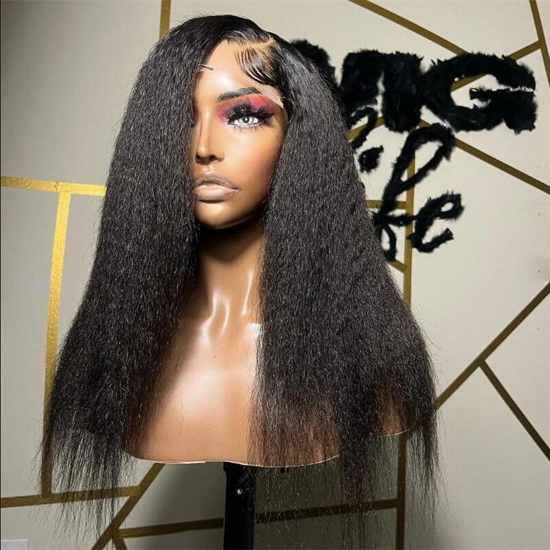 26“Long 180Density Yaki Soft Black Kinky Straight Lace Front Wig For Black Women BabyHair Glueless Preplucked Heat Resistant