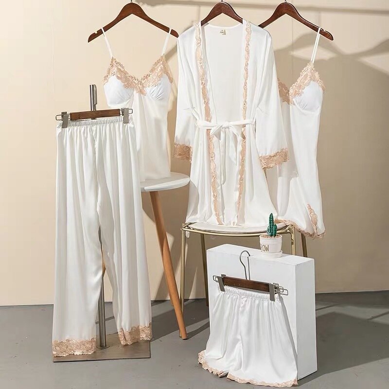 2024 neue Top Luxus sexy Frauen leichte und dünne Spitze Flip Pyjama lange Home Kleidung fünfteilige Pyjama-Set