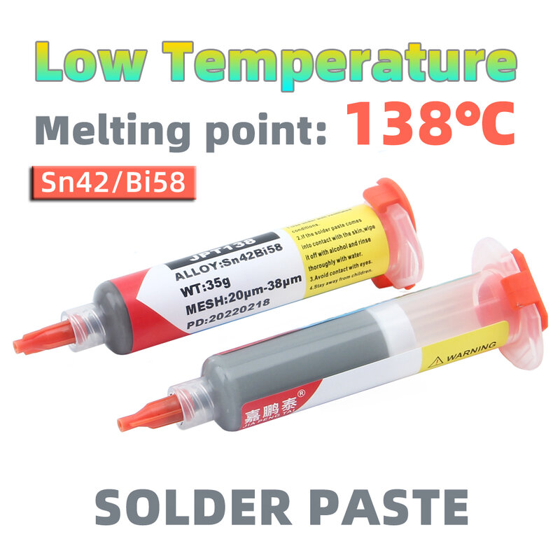 Sn42Bi58 jeringa de pasta de soldadura de baja temperatura sin plomo, varilla de empuje y almacenamiento de aguja a temperatura ambiente