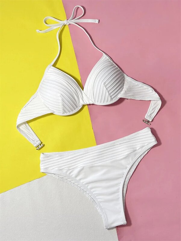 Para Praia-Conjunto de Bikini de corte alto Para mujer, traje de baño blanco con Push-Up, traje de baño brasileño con espalda descubierta