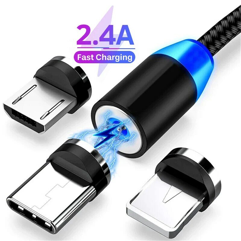 2.4A LED Magnetic USB Cable For iPhone 14 13 Xiaomi Samsung Type C Cable Fast Charging Data Charge Micro USB Cable Cord Wire