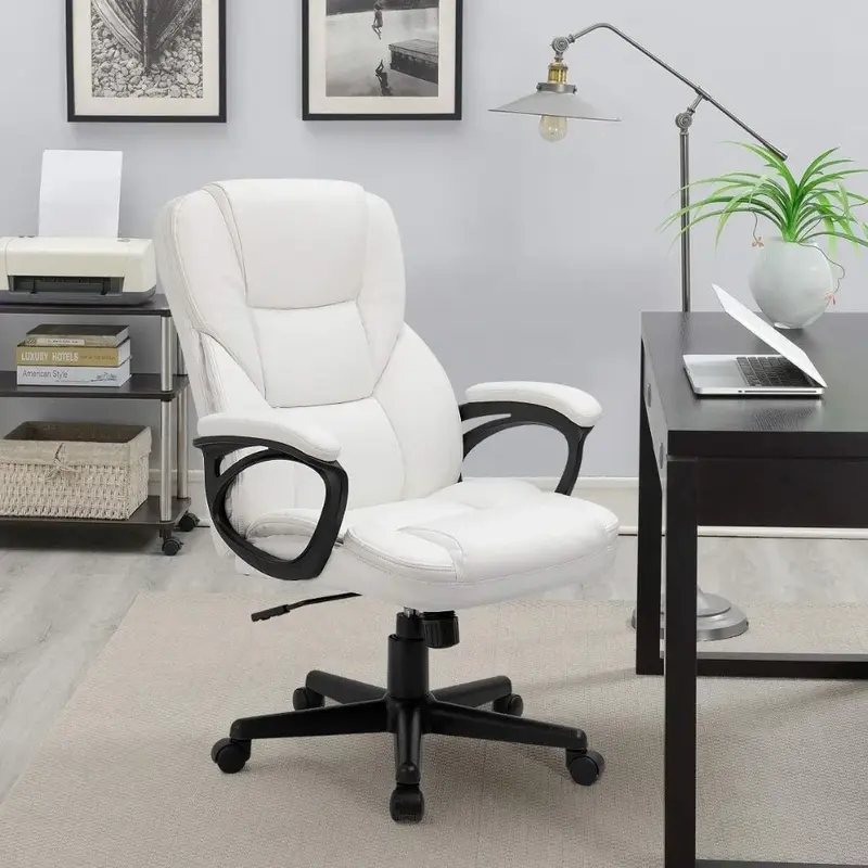 Silla de oficina ejecutiva de piel sintética con respaldo alto, silla de ordenador con soporte Lumbar, muebles ergonómicos para juegos blancos