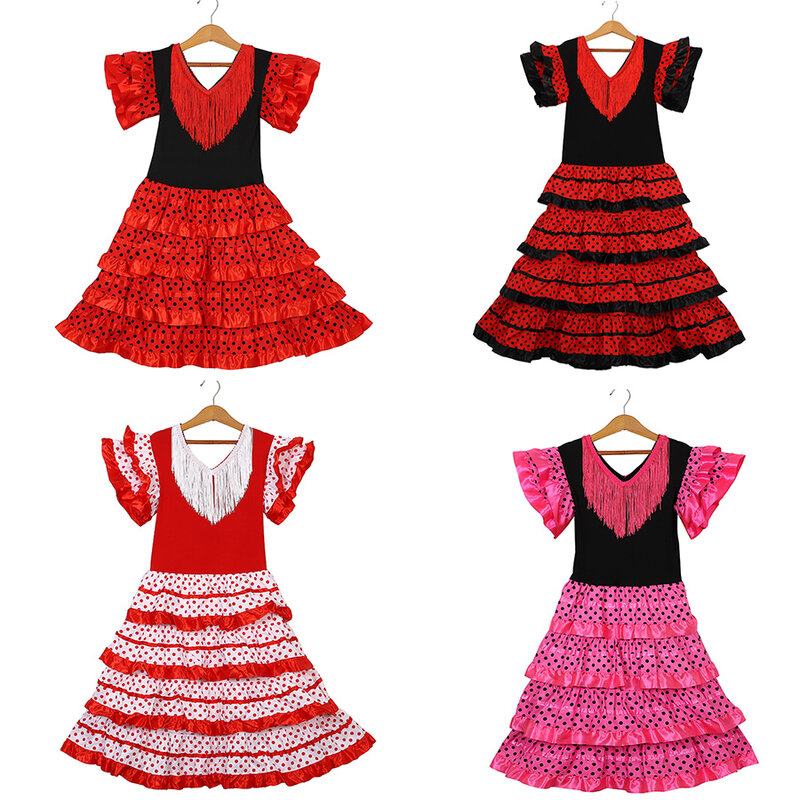 Abito da ballo tradizionale spagnolo per ragazze Festival nappa Dot Dress gonna per bambini in stile classico Flamengo a quattro colori