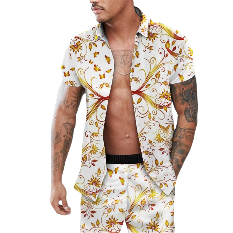 Europe and the United States new summer fashion trend 3d digital printed men's casual beach shirt set