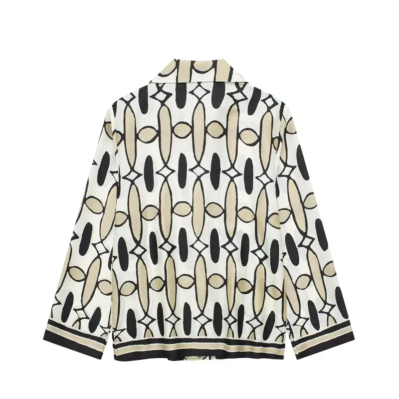 Camisa con estampado geométrico para mujer, top elegante de manga larga con botones y solapa, estilo retro, 2024