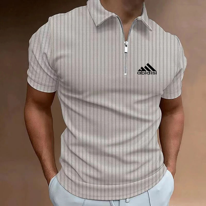 Camisa polo masculina de manga curta com zíper, cor pura, verão, 2024