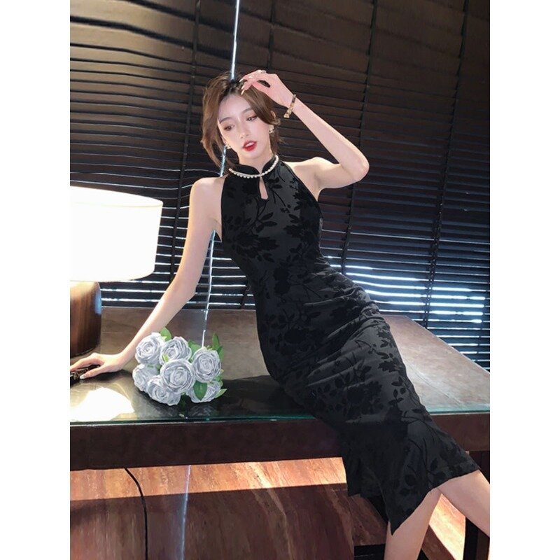 Hepburn Style Flocking High-end Cheongsam Elegant Summer Long Slim Sleeveless Little Black Dress Giant Thin Light Mature Dress