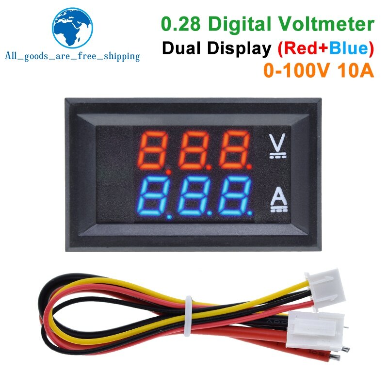 TZT DC 0-100V 10A Digital Pengukur Tegangan Volt Pengukur Amper Dual Display Voltage Detector Current Meter Panel Amp Volt Gauge 0.28 "Merah Biru LED