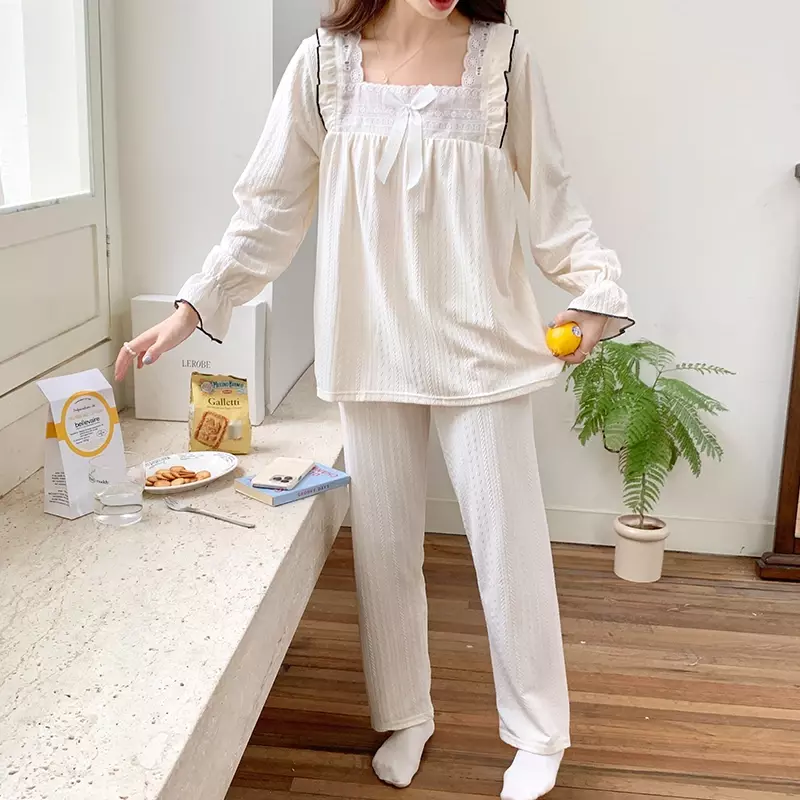 Plus Size Pajama Mujer Cherry Print Sleepwear Set Long Sleeve Top+Pants Ruffle Homewear Skin-Friendly Breathable