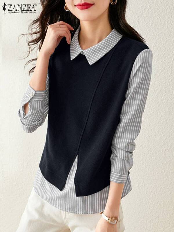 Jesienne modne bluzy swetry z długim rękawem do klapy ZANZEA na co dzień w paski koszula patchworkowa kobiece eleganckie bluzy robocze 2023