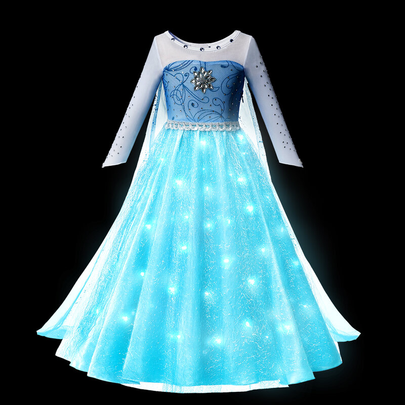 Vestido de princesa con luz LED para niñas, ropa de fiesta de Frozen, Elsa, Anna, sirena, Rapunzel, Blancanieves, Carnaval y graduación