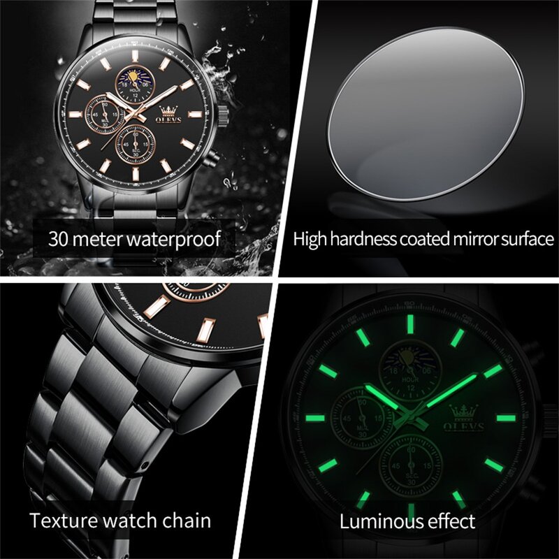 OLEVS Brand New Fashion Stainless Steel Chronograph Quartz Watch for Men Waterproof Calendar Moon Phases Luxury Mens Wristwatch