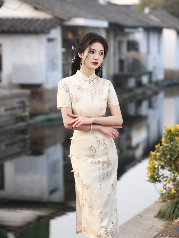 2024 Spring/Summer New Tiansi Linen Side Eight Buckle Mid length Qipao Retro Republican Style Low slit Mandarin Collar Cheongsam