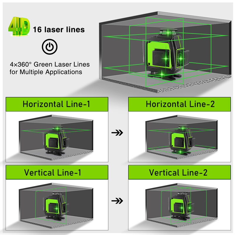 Wliona-Niveau laser professionnel 16/12 lignes, lignes vertes super puissantes avec batterie 4000mAh, télécommande, mode impulsion