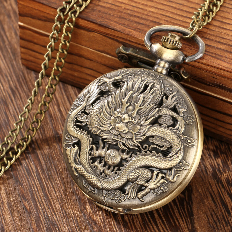Antique Dragon Hollow Quartz Pocket Watch, Unisex Analog Necklace Sweater Pendant Pocket Watch, Gift For Father's Day