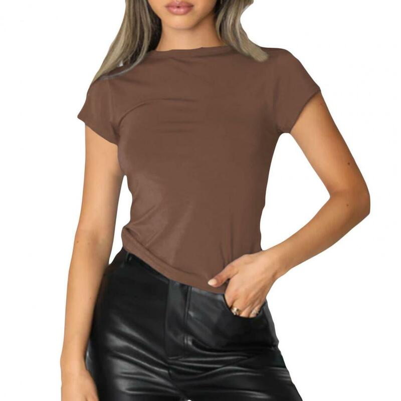 Женская летняя футболка, эластичная летняя футболка, стильная женская облегающая Однотонная футболка, коллекция, круглая футболка для улицы