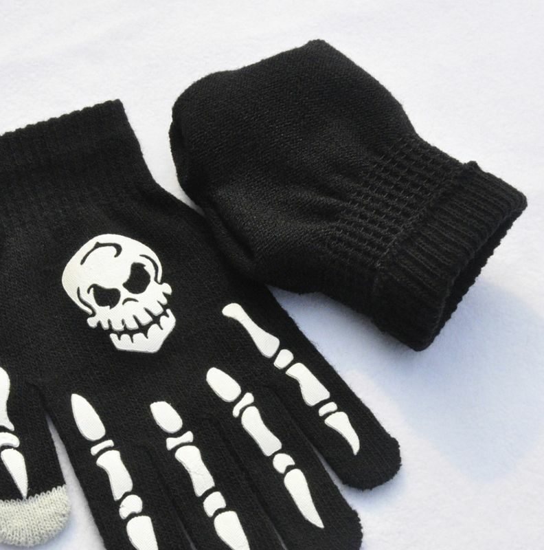 Luvas dedo inteiro tricô quente para crianças adultas luvas texto esqueleto humano
