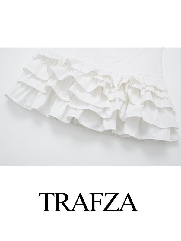 TRAFZA 여성용 빈티지 화이트 하이웨이스트 러플 스커트, 세련된 여름 2024, 지퍼 폴드 슬림 스위트 미니 스커트, Y2K 패션